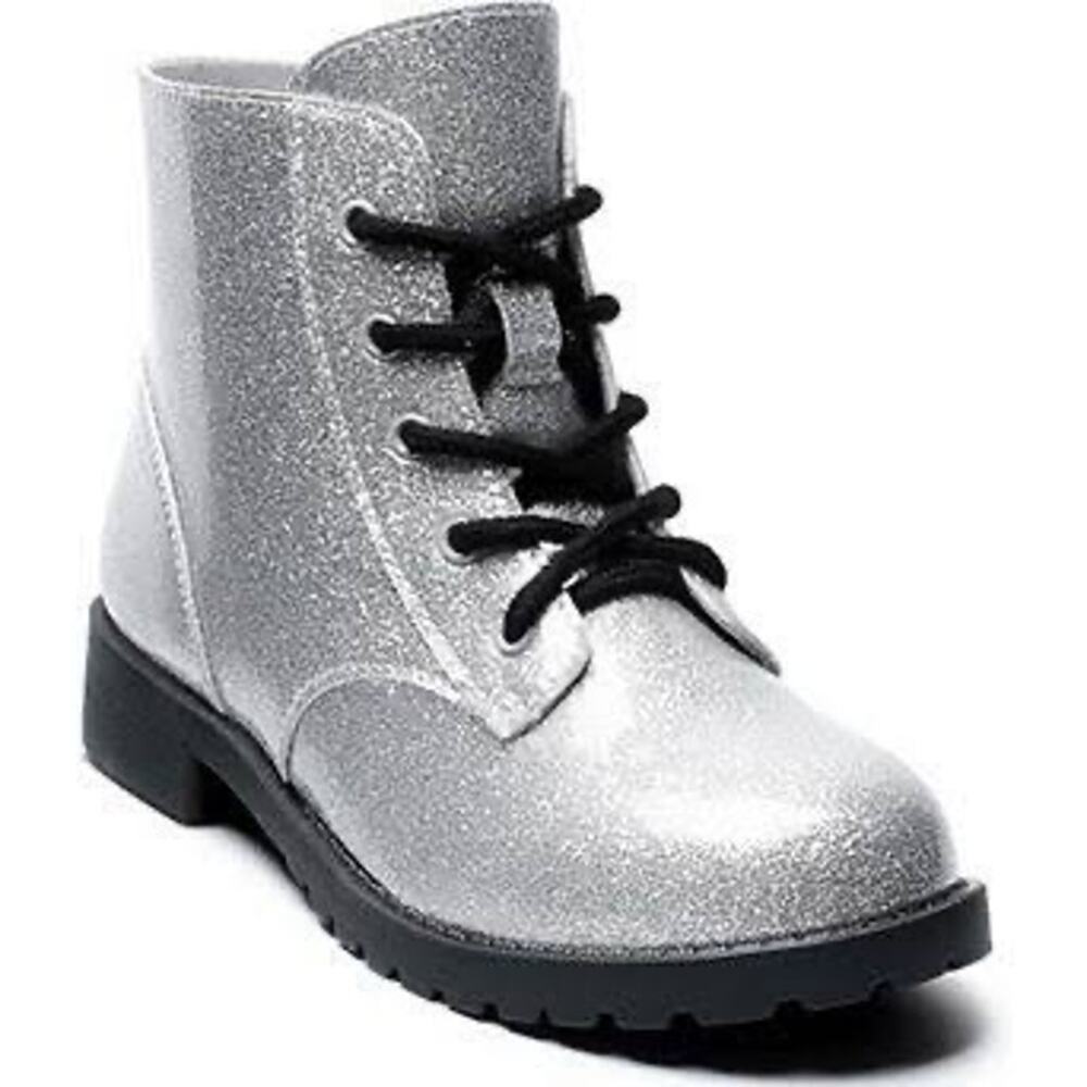 NEW! US 7M Thereabouts Lil Reese Kid Girls Flat Heel Combat Boots Silver Glitter
